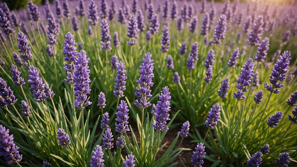 Eye-level view of a blooming lavender plant in a serene garden setting