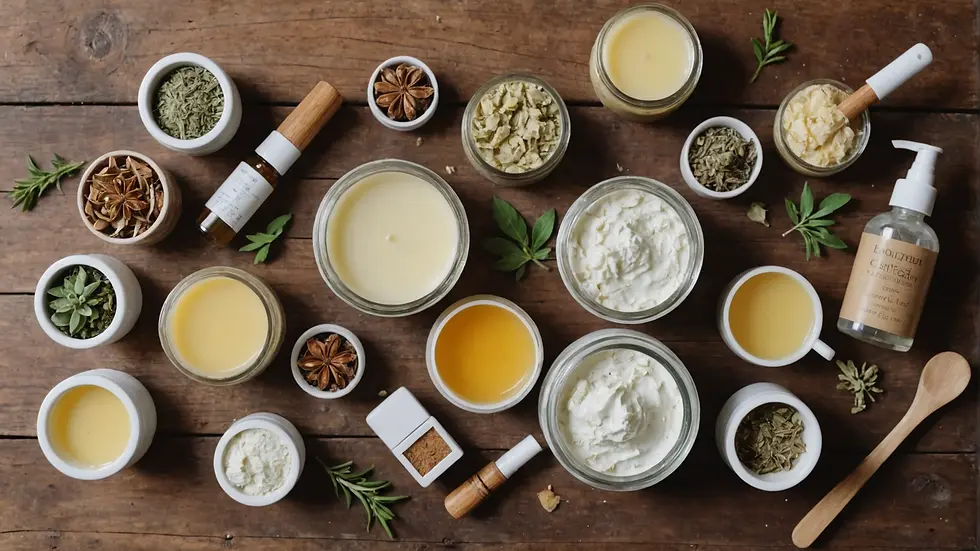 Homemade skincare products on a rustic wooden table
