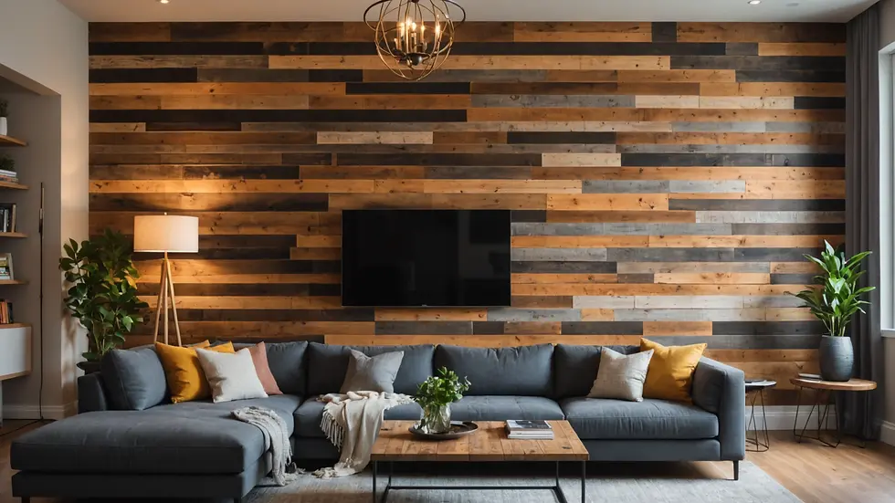 Close-up view of reclaimed wood accent wall in a cozy living room
