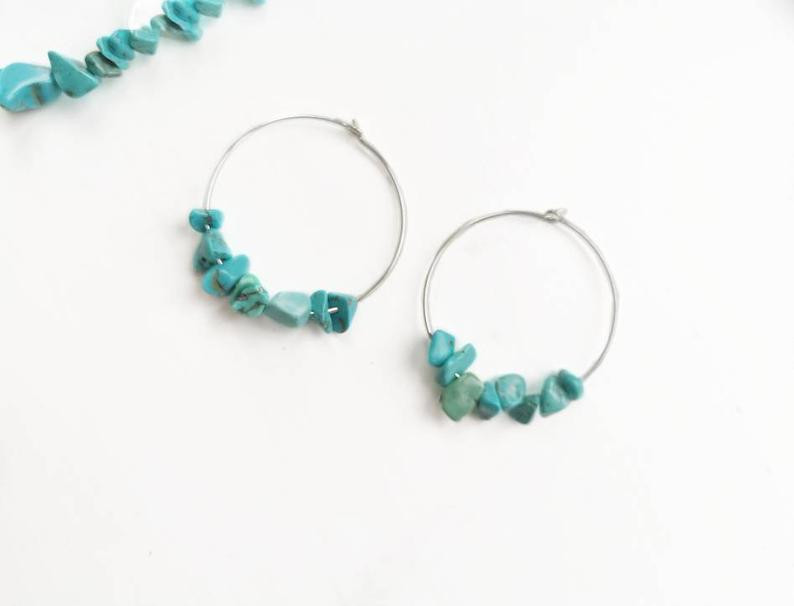 Silver and turquoise hoop chip earrings