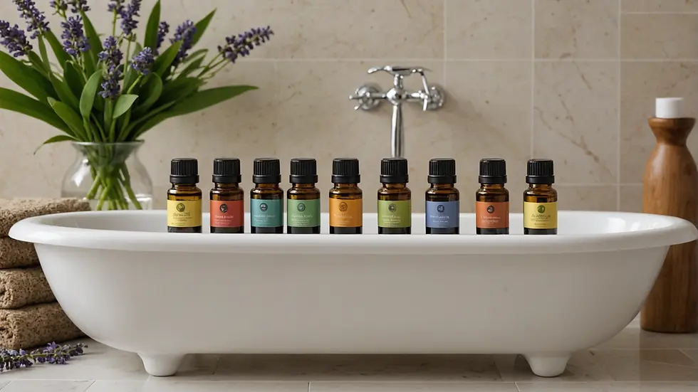 Essential oils lined up in a natural bath