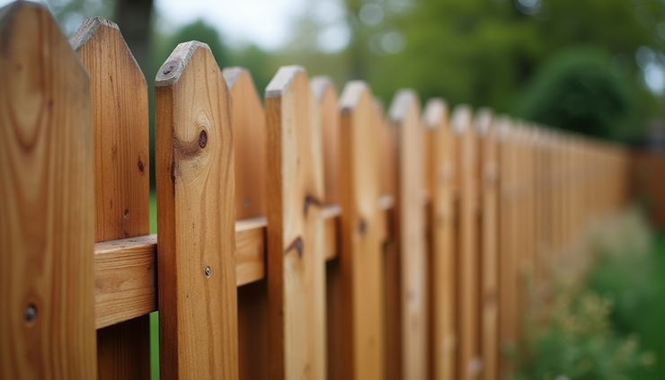 Eye-level view of a wooden fence with natural grain texture in a backyard