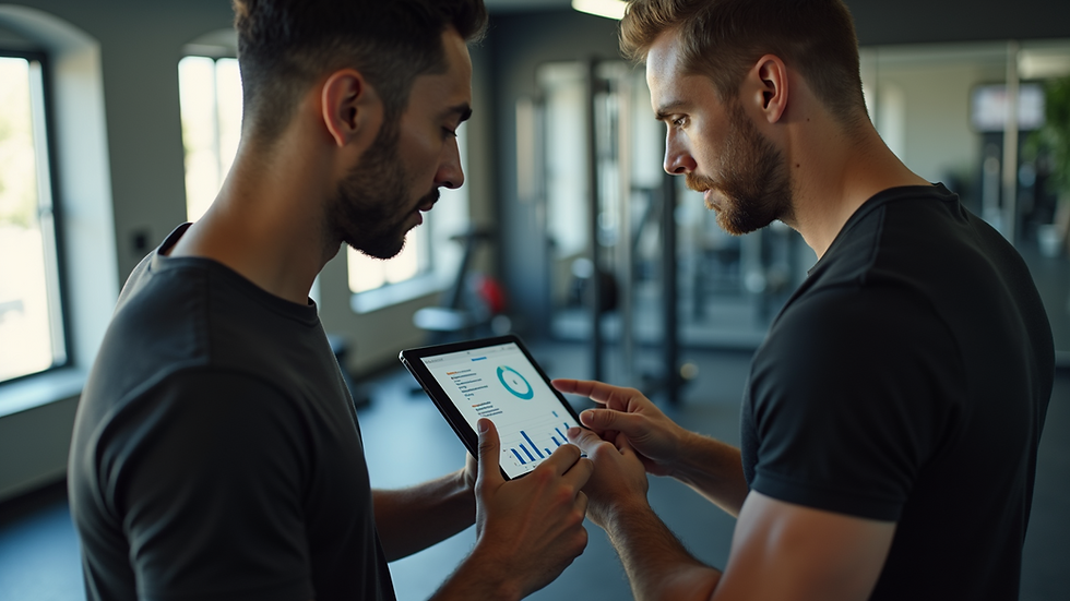 High angle view of a personal trainer and client discussing progress on a tablet