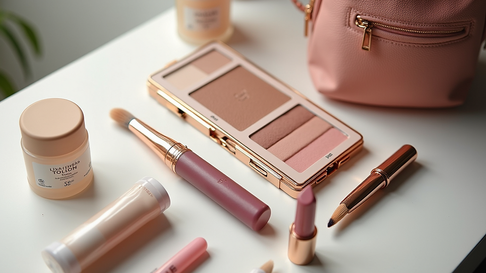 High angle view of beauty products and tools arranged neatly on a table
