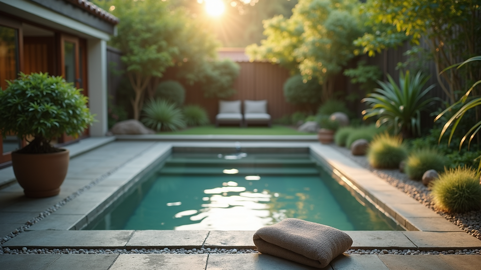 High angle view of a peaceful outdoor spa setting surrounded by nature