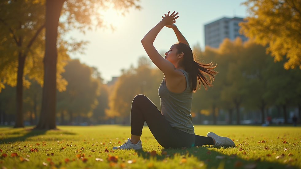 Eye-level view of a person stretching outdoors in a park