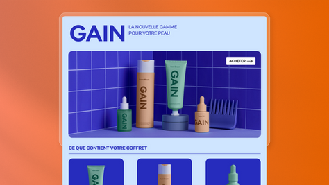 Produits cosmétiques GAIN sur fond bleu à carreaux. Texte "GAIN: La nouvelle gamme pour votre peau." Bouton "Acheter" visible. Représentation d'une landing page.