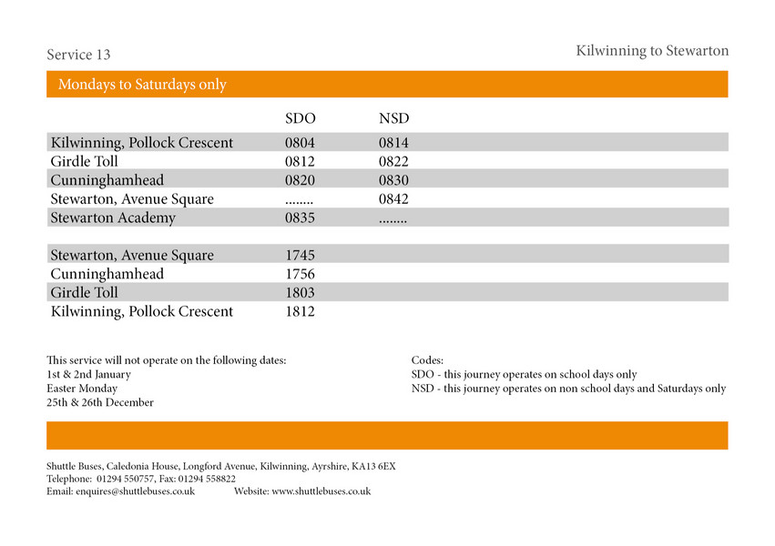 Service 13 | Your Local Bus Services in Ayrshire | Shuttle Buses