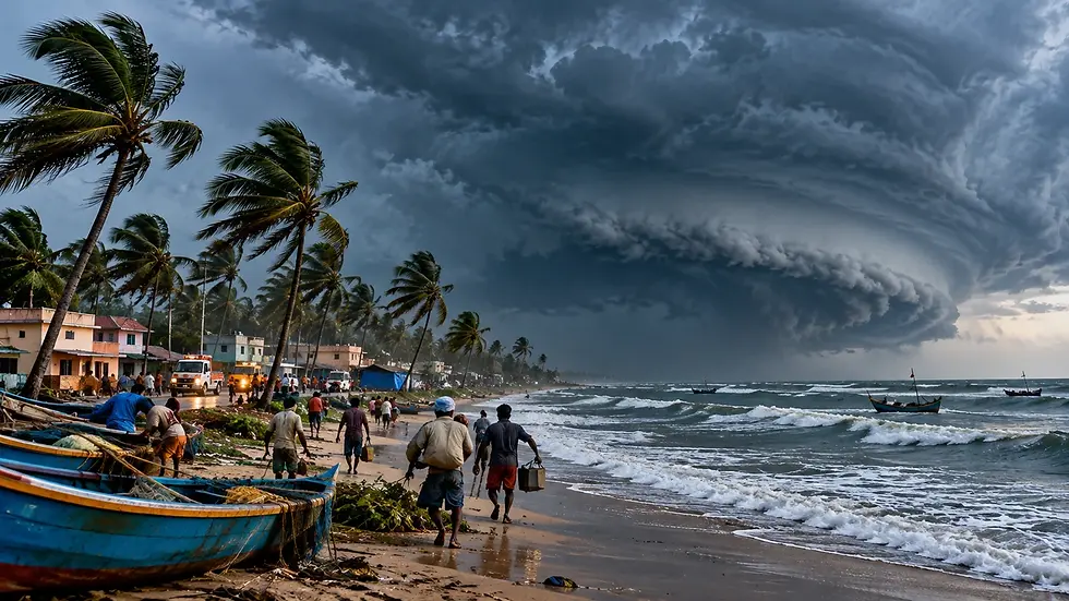 Ilustración editorial de una costa india durante un temporal ciclónico; escena conceptual que no documenta evacuaciones reales del ciclón Arnab.