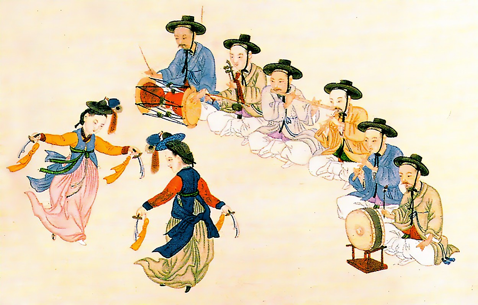 Korean traditional illustration showing female shamans dancing and male musicians playing instruments during a gut ritual.