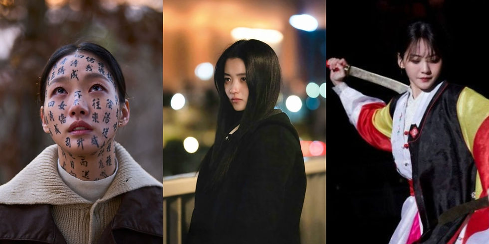Collage of female characters from Korean dramas showing spiritual or shamanic themes, including a woman with spell markings, one in black, and another performing a ritual