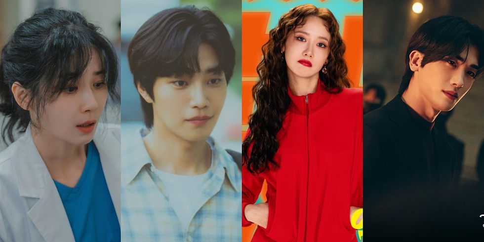 Collage of August 2025 K-Drama lead actors including female doctor, soft-spoken male lead, quirky red tracksuit girl, and mysterious man in black suit.