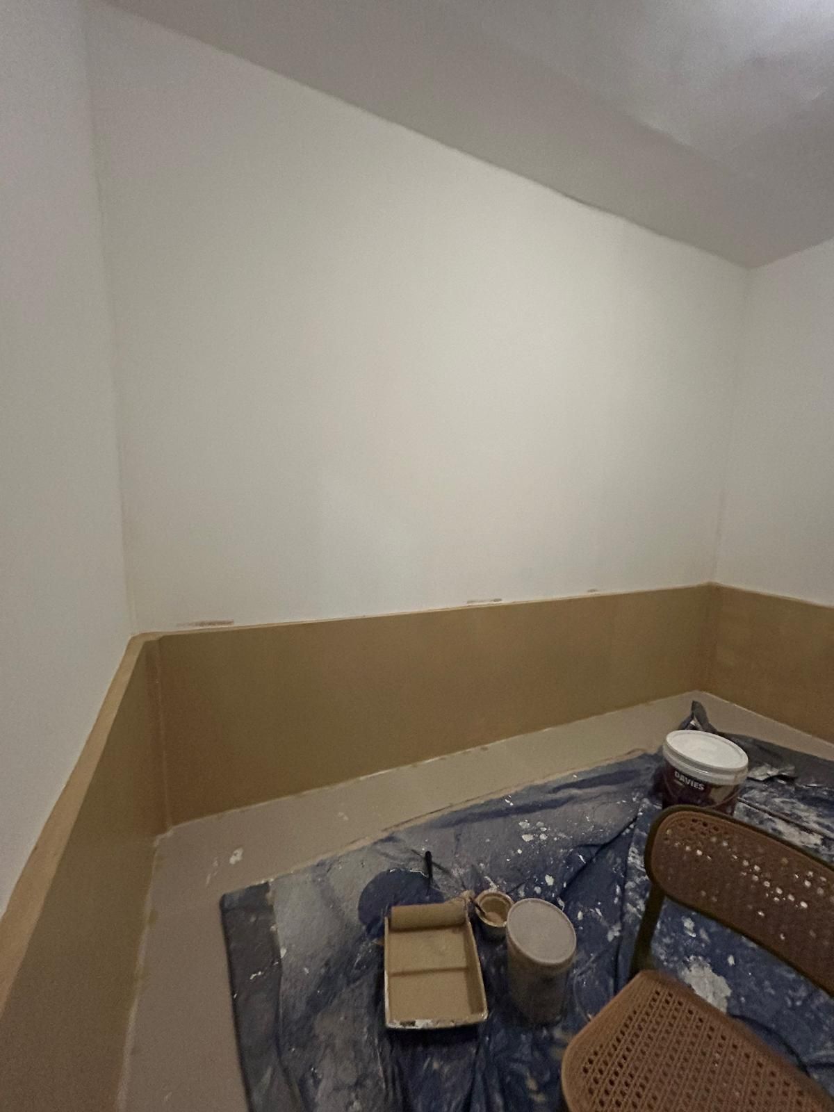 Freshly painted room with paint tray on the floor during the renovation
