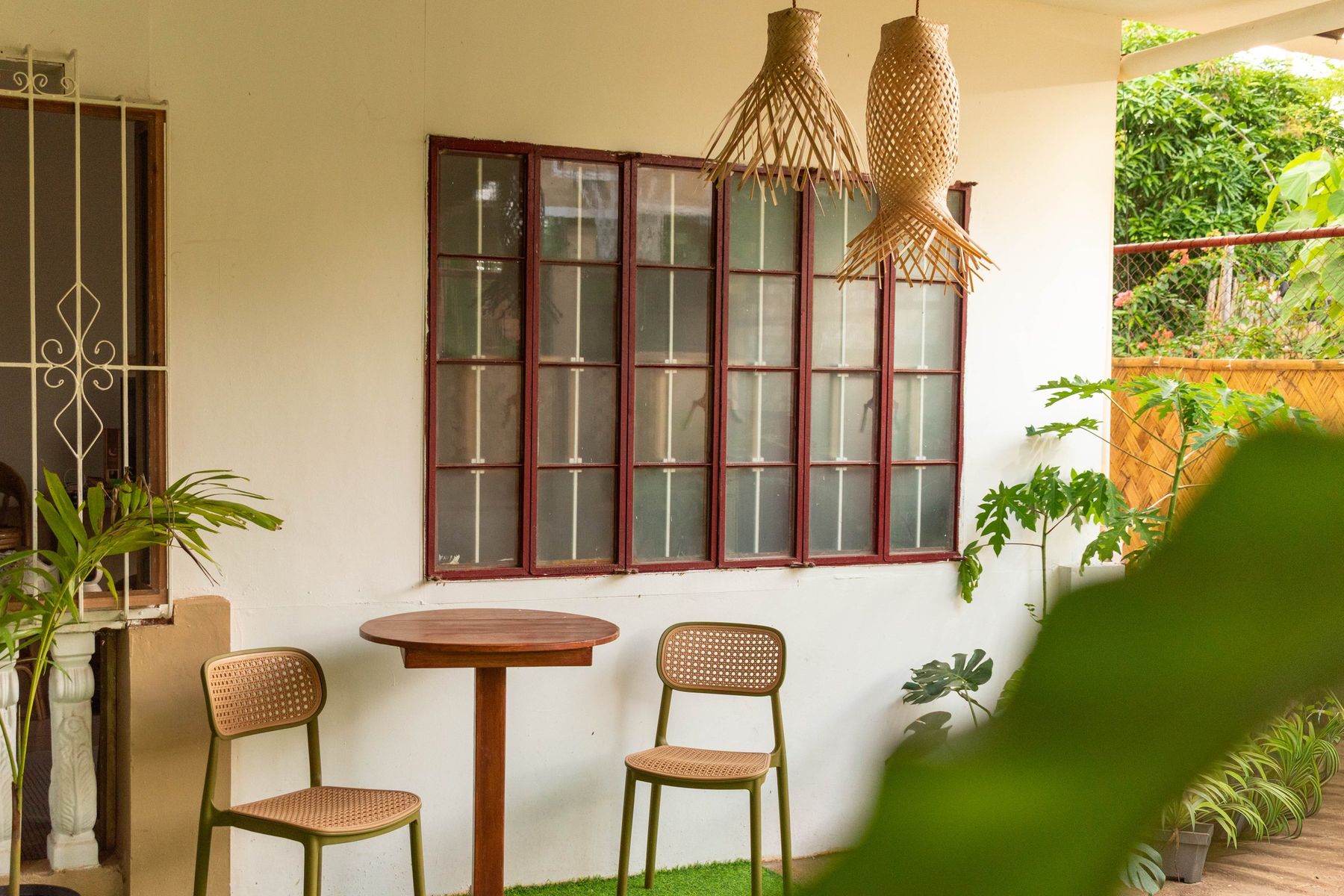 Outdoor seating area with wooden tables