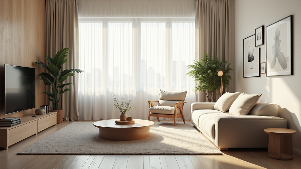 Eye-level view of modern living room with natural light and minimalist furniture