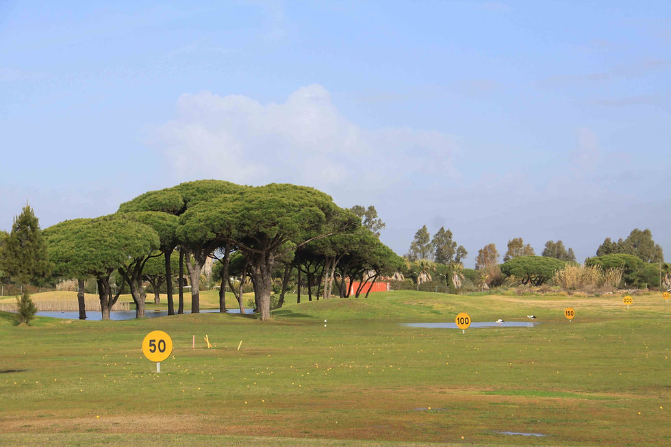 Vista panorámica de un campo de golf en Chiclana con césped verde y cielo despejado