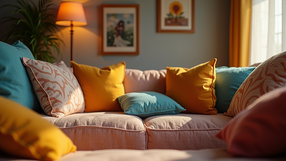 Eye-level view of a cozy living room with colorful cushions and warm lighting