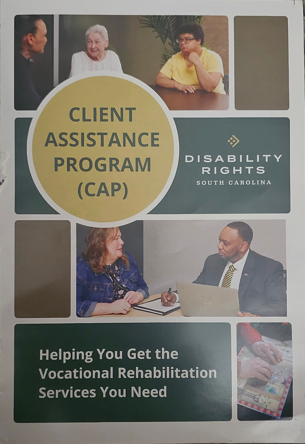 Curtis Singleton pictured with a Disability Rights South Carolina Client Assistance Program brochure highlighting advocacy and vocational rehabilitation support services in South Carolina.