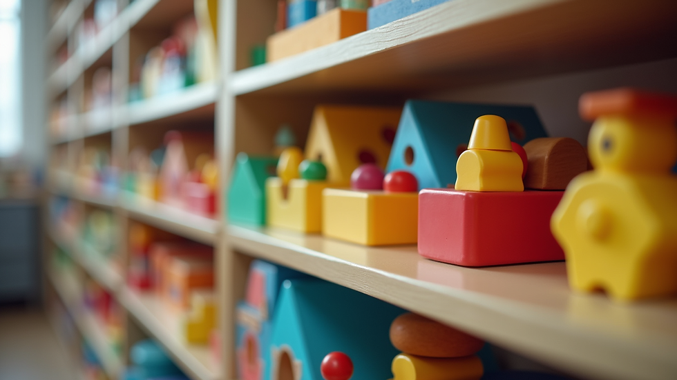 Close-up view of colorful educational toys on a shelf
