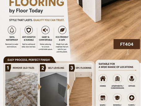 Floor Today SPC Flooring FT404 poster showing waterproof, anti-scratch and eco-friendly flooring benefits and installation process