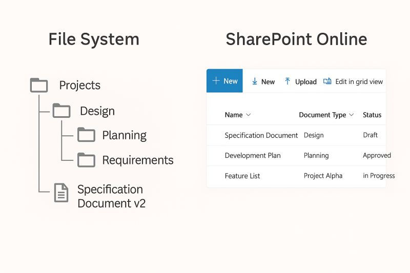Comparison: classic folder structure vs. modern SharePoint Online file structure using metadata