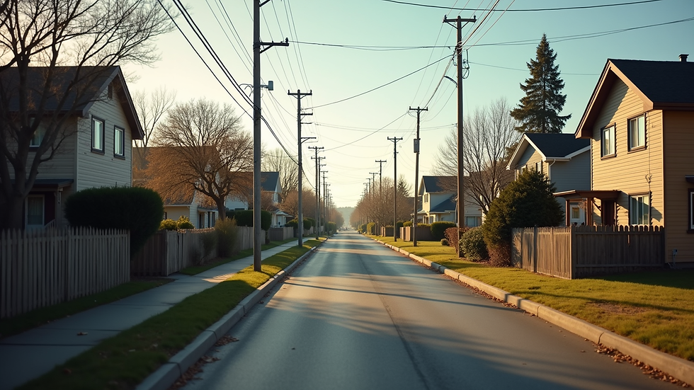 Wide angle view of a neighborhood street with houses and trees