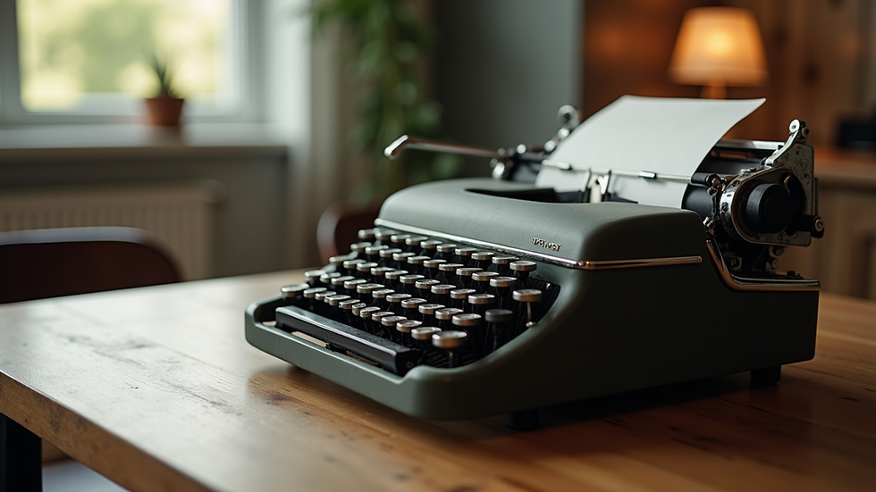 Eye-level view of a vintage typewriter on a wooden table