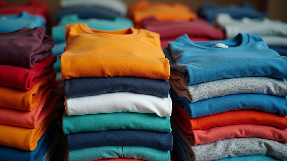 High angle view of colorful t-shirts in stacks