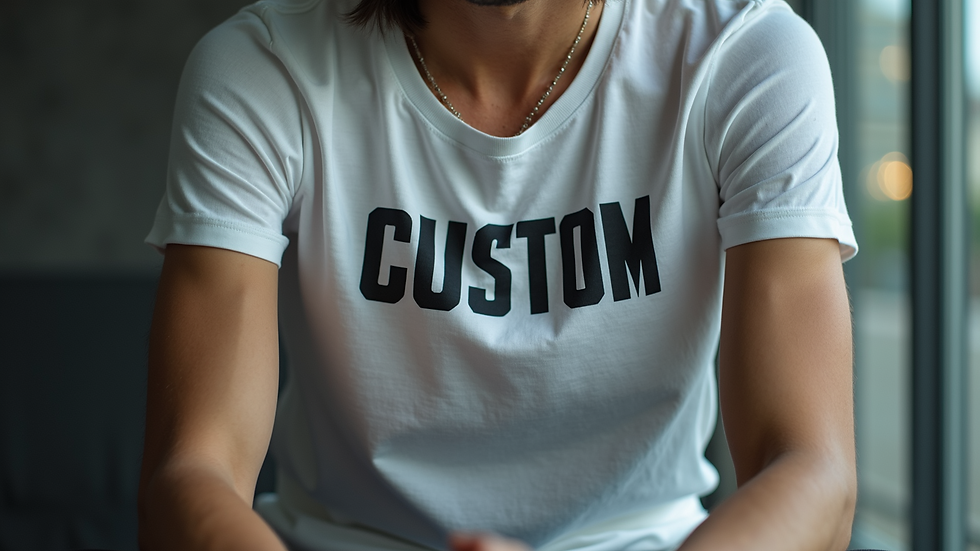 Eye-level view of a custom t-shirt with bold typography design