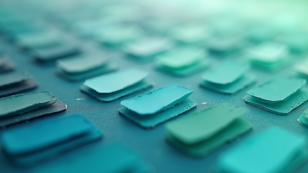 Close-up view of a color palette with various shades of blue and green