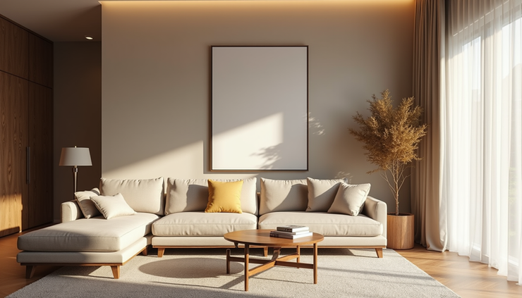 Eye-level view of a modern living room with elegant furniture and soft lighting