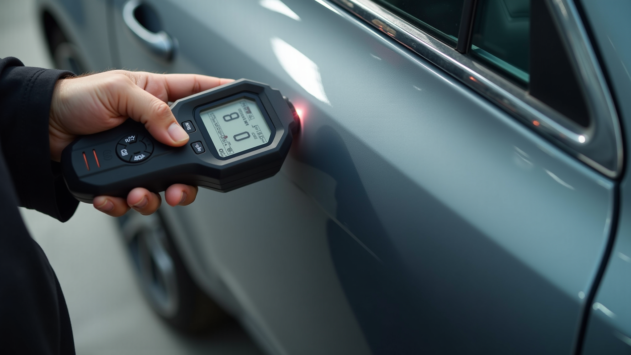KFZ-Gutachter kontrolliert einen Sachschaden am Auto