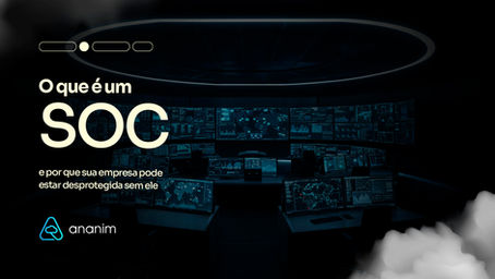 Imagem de capa do blog com o tÃtulo 'O que é um SOC e por que sua empresa pode estar desprotegida sem ele', sobre um cenário escuro com vários monitores e computadores em tons de preto e azul, remetendo a um centro de operações de segurança digital.