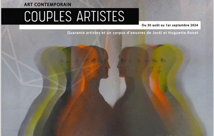Affiche officielle de l'exposition présentant des profils superposés et colorés, d'après un dessin original de Jordi Bonet. Typographie annonçant l'événement. Exposition "Couples Artistes" (2024), Fondation Jordi Bonet, Art contemporain. Commissaire : Laurent Bonet. / Official exhibition poster featuring overlapping and colorful profiles, based on an original drawing by Jordi Bonet. Typography announcing the event. "Couples Artistes" exhibition (2024), Fondation Jordi Bonet, Contemporary Art. Curator: Laurent Bonet.