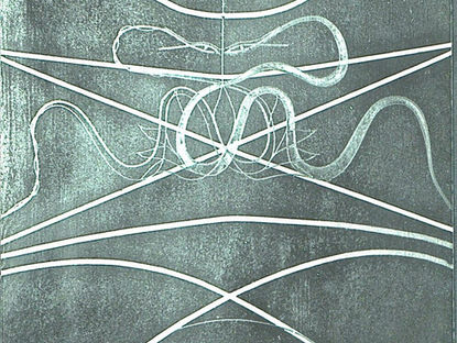 Dessin de Jordi Bonet — formes géométriques et lignes courbes sur fond sombre, art contemporain Québec