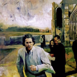 Les agents, technique mixte de Laurent Bonet 2001 — homme en veston blanc devant portail gothique, figures sombres, post-11 septembre, art contemporain Québec