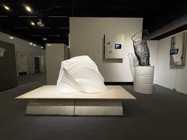 Vue d'installation présentant au premier plan une œuvre sculpturale organique blanche de Vincent Lussier et, à droite, une structure verticale en maillage  de Joann Côté. Les œuvres interrogent la matérialité et la transformation. Exposition "Dévoiler le potentiel de la matière" (2025), Fondation Jordi Bonet, Art contemporain. Commissaire : Laurent Bonet. / Installation view featuring in the foreground an organic white sculptural work by Vincent Lussier and, on the right, a vertical metal mesh structure by Joann Côté. The works question materiality and transformation. "Dévoiler le potentiel de la matière" exhibition (2025), Fondation Jordi Bonet, Contemporary Art. Curator: Laurent Bonet.