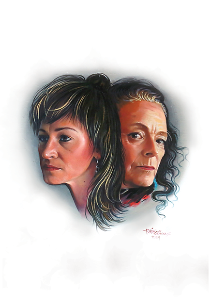 An illustration of two women standing back-to-back. The younger woman on the left has dirty blonde hair and gazes to the left, while the older woman on the right has long, wavy hair and looks to the right.