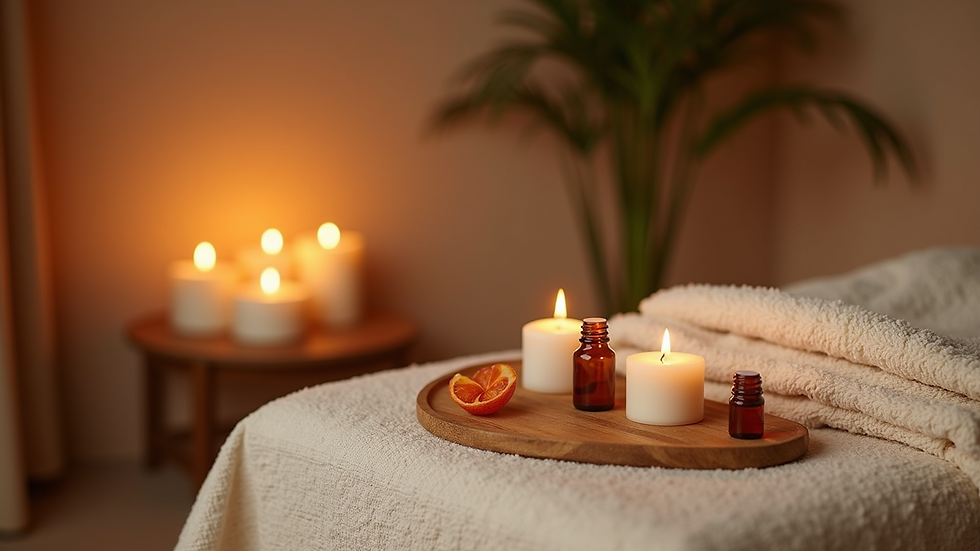 High angle view of a relaxing spa room with essential oils and candles