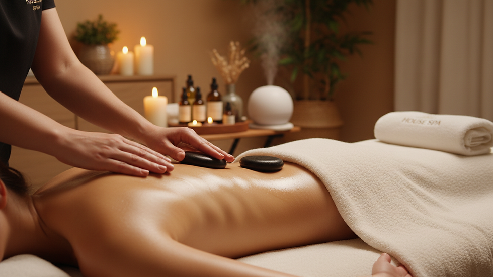 Close-up view of massage therapist’s hands applying gentle pressure with hot stones