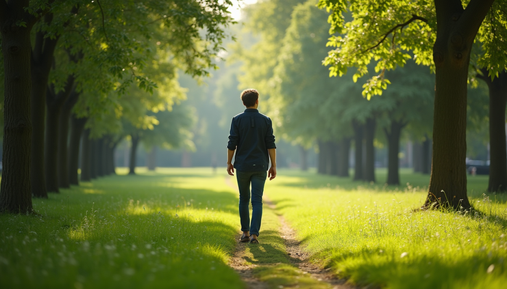 Vue en plongée d’une personne marchant dans un parc verdoyant