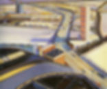 Aerial view of urban landscape with roads, tall buildings, and cars. Pastel colors create a serene mood, highlighting geometric patterns.