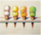 Four colorful ice cream cones in a row, from left: pink, yellow, orange, green. Bright and bold lines on a textured background.