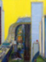 Colorful cityscape painting with skyscrapers, a winding highway, cars, and vibrant structures. Bright yellow sky dominates the background.