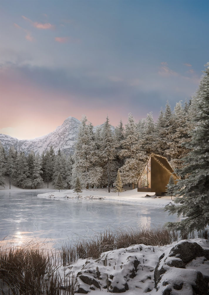 tiny house in natural setting in the mountains with gloomy light