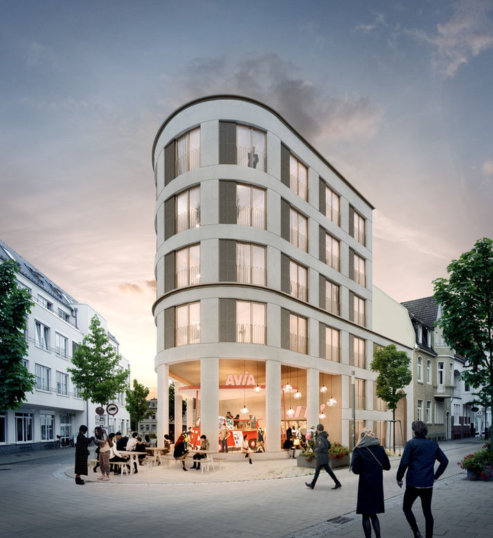 apartment building by 9grad in urban context with a blue hour setting including dawn