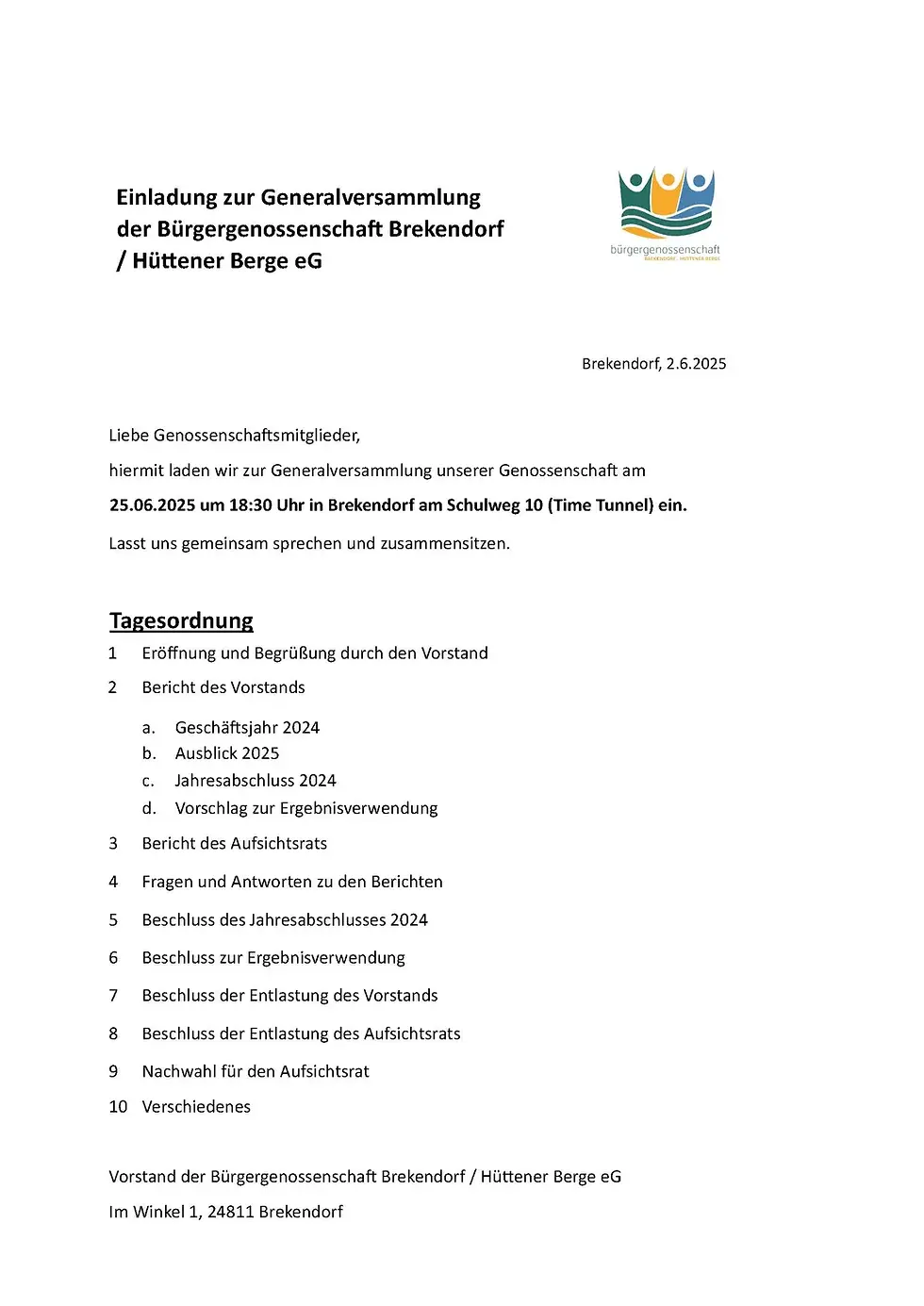 Generalversammlung der Bürgergenossenschaft Brekendorf / Hüttener Berge e.G. (25. Juni 2025)