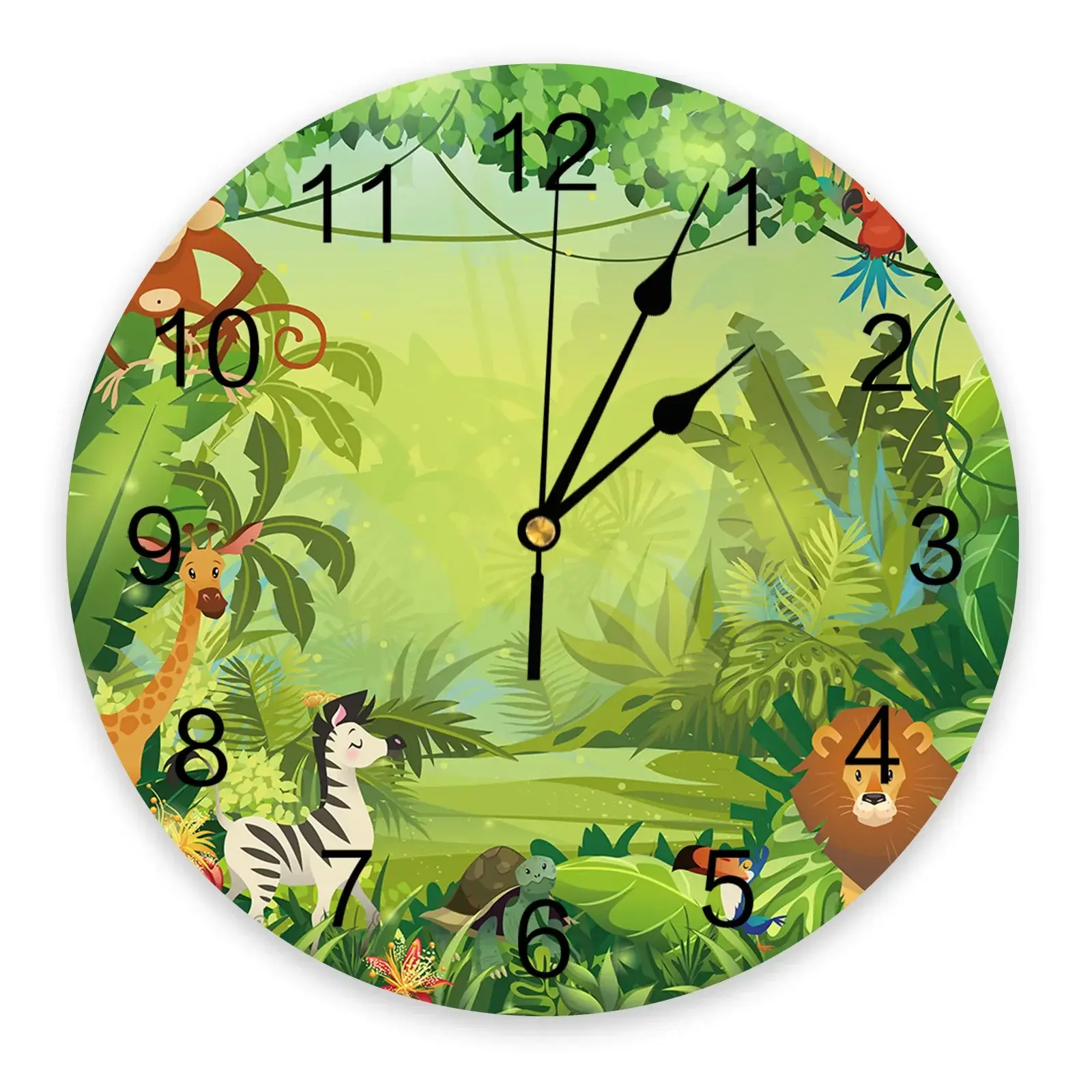 Tropical Jungle Cartoon Animal Wall Clock Round Style