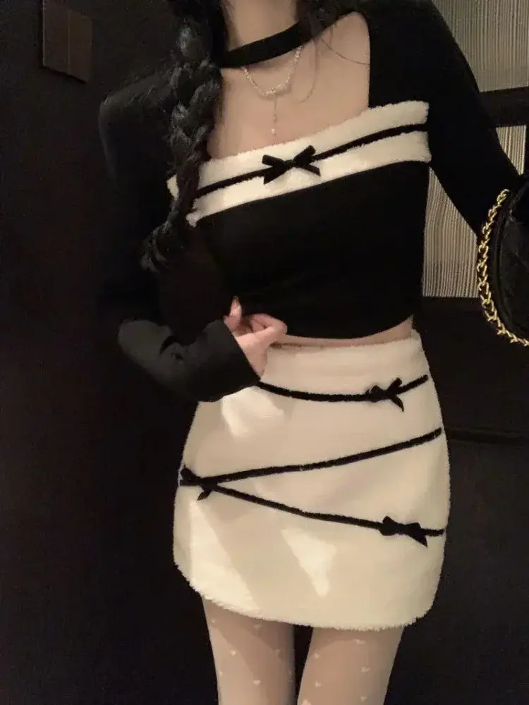 New 2 Piece Set Women Black Bow Pullover