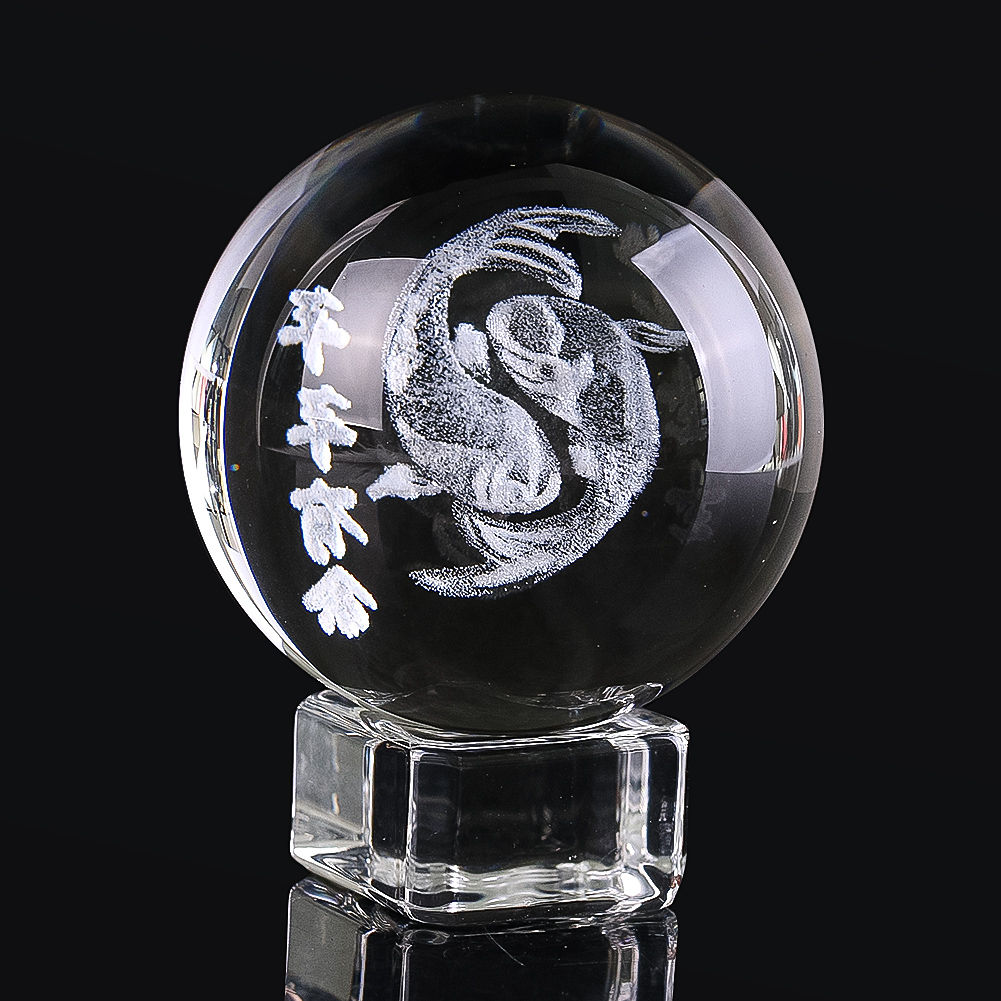 3D Engraved Crystal Ball Centerpiece Lucky Fish Koi Prosperity Figurines Glass S